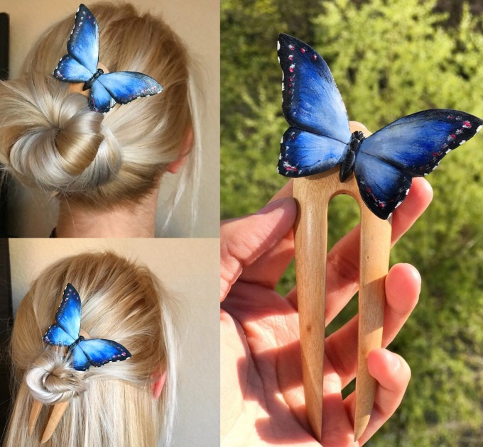 Carved wood hair fork with blue butterfly