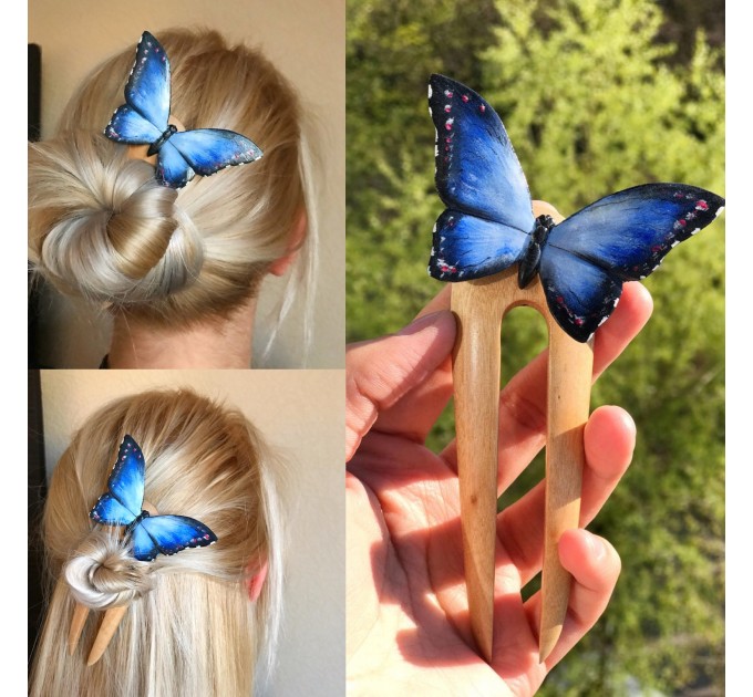 Carved wood hair fork blue butterfly