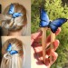 Carved wood hair fork blue butterfly