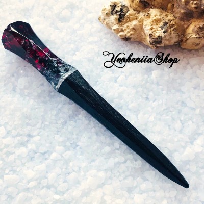 Wooden hair stick with dark red resin and silver foil