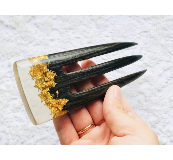 Wooden hair fork with black oak, resin topper and gold foil