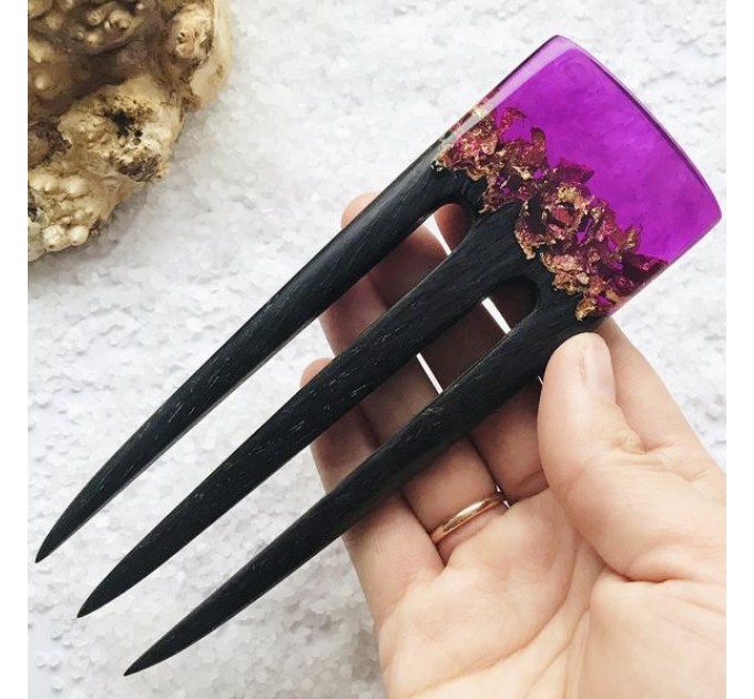 Hair fork with oak wood, purple resin topper and foil