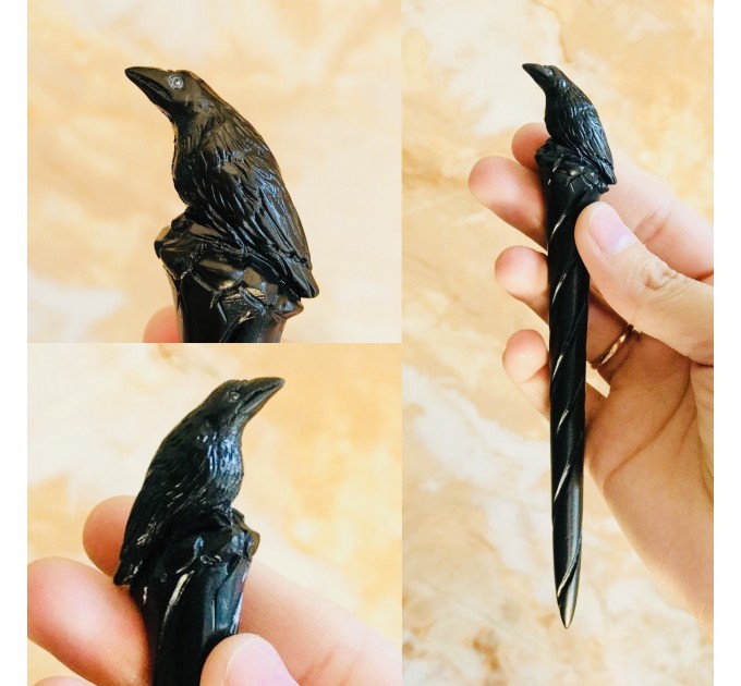 Carved wooden hair stick with black raven, Gothic hair stick with crow