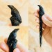 Carved wooden hair stick with black raven, Gothic hair stick with crow