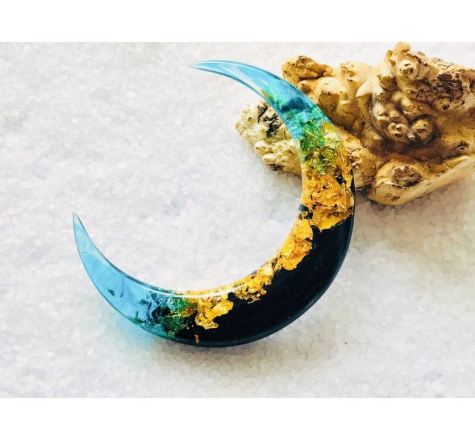 Crescent hair stick with black oak wood, blue resin and gold foil