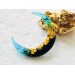 Crescent hair stick with black oak wood, blue resin and gold foil