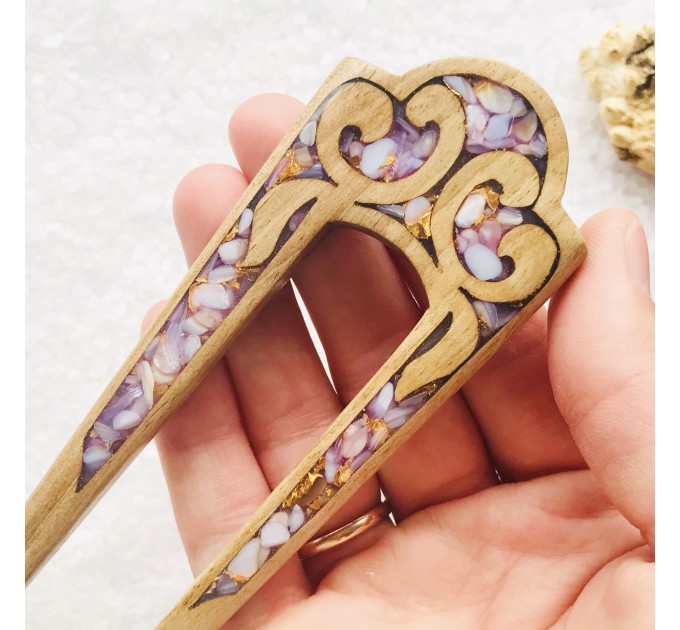 Wooden hair fork with purple stones