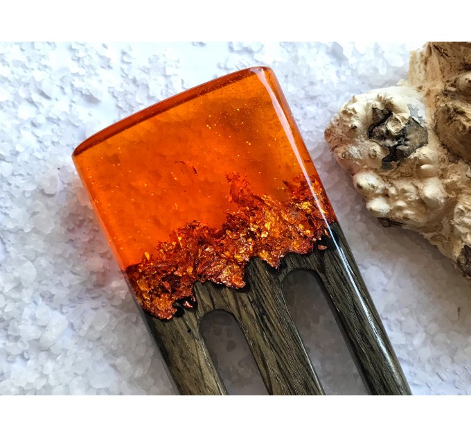 Hair fork with oak, orange resin topper and foil