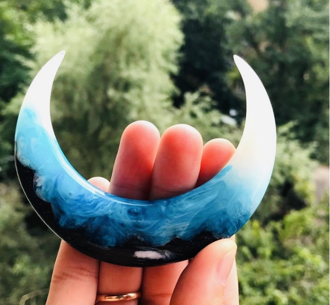 Crescent moon hair stick with black oak, blue and white resin
