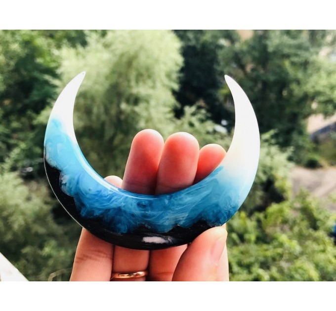 Crescent moon hair stick with black oak, blue and white resin