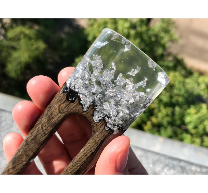 Hair fork, Wooden hair fork with crystal resin and silver leaf, Hair accessories for women, Bun holder, Hair slide, Womens gift