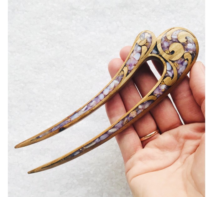 Wooden hair fork with purple stones