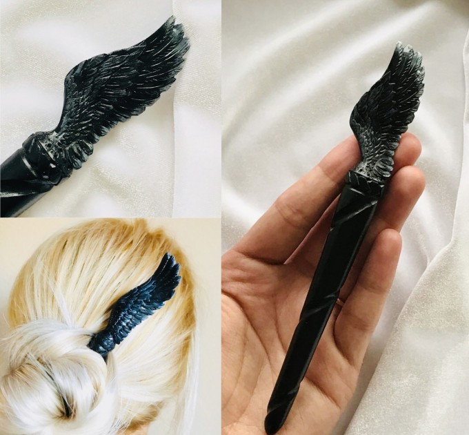 Carved wooden hair stick with black bird  wing, Raven wing