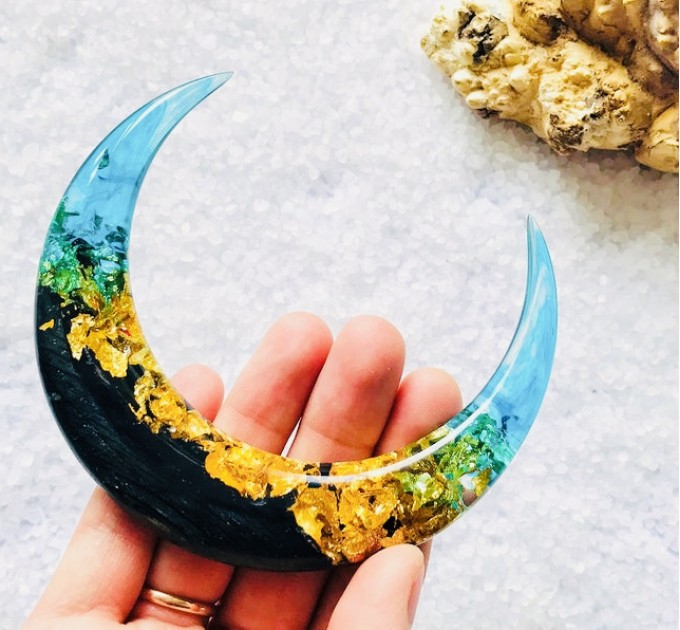 Crescent hair stick with black oak wood, blue resin and gold foil