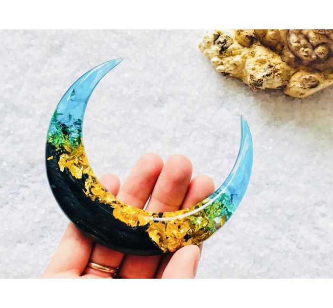 Crescent hair stick with black oak wood, blue resin and gold foil