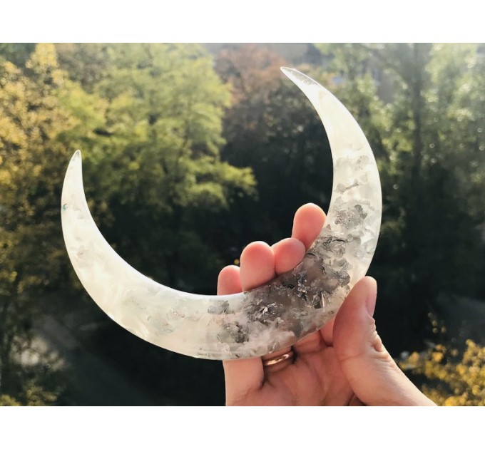 Crescent hair stick with white resin and silver foil