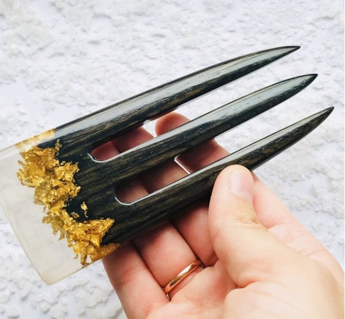 Wooden hair fork with black oak, resin topper and gold foil
