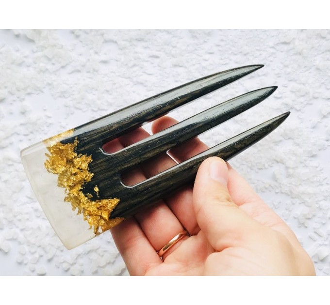 Wooden hair fork with black oak, resin topper and gold foil