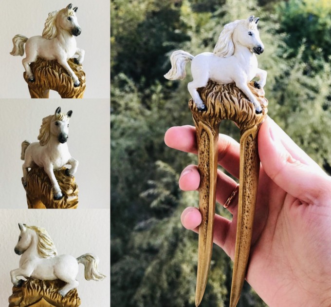 Carved wooden hair fork with white horse