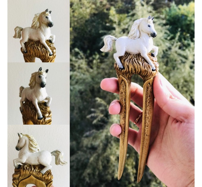 Carved wooden hair fork with white horse