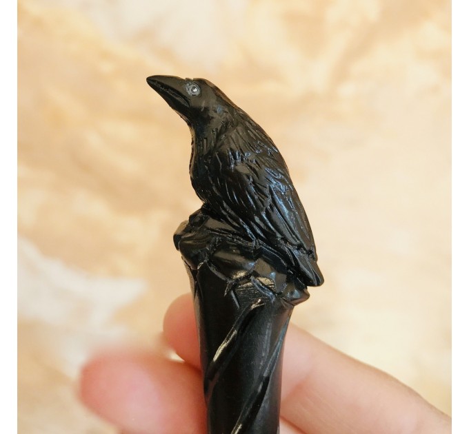 Carved wooden hair stick with black raven, Gothic hair stick with crow