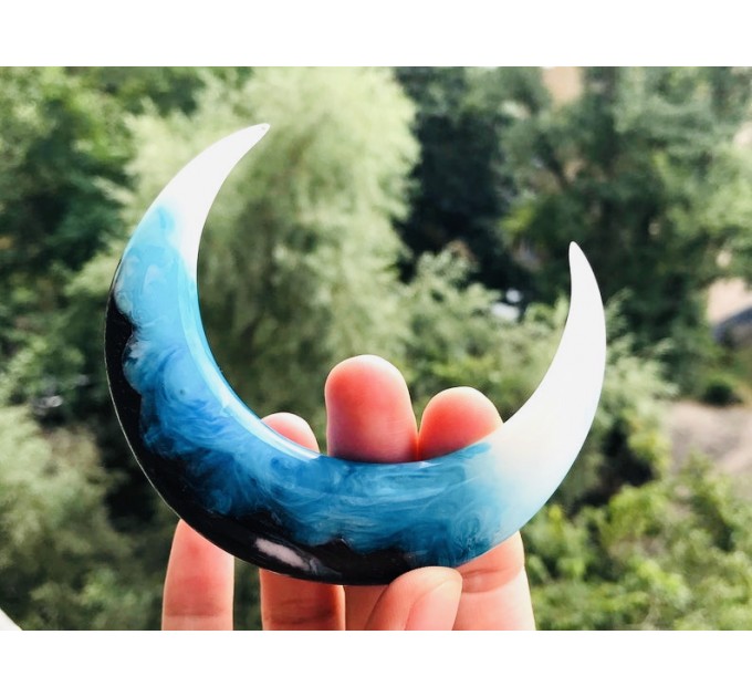 Crescent moon hair stick with black oak, blue and white resin