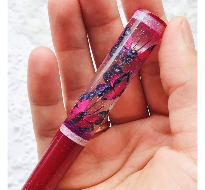 Resin Hair stick with pink butterflies 