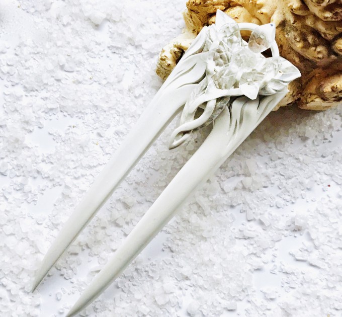 Carved wooden hair fork with crystal star