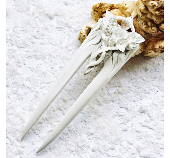 Carved wooden hair fork with crystal star