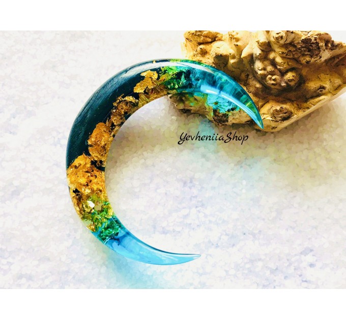 Crescent hair stick with black oak wood, blue resin and gold foil