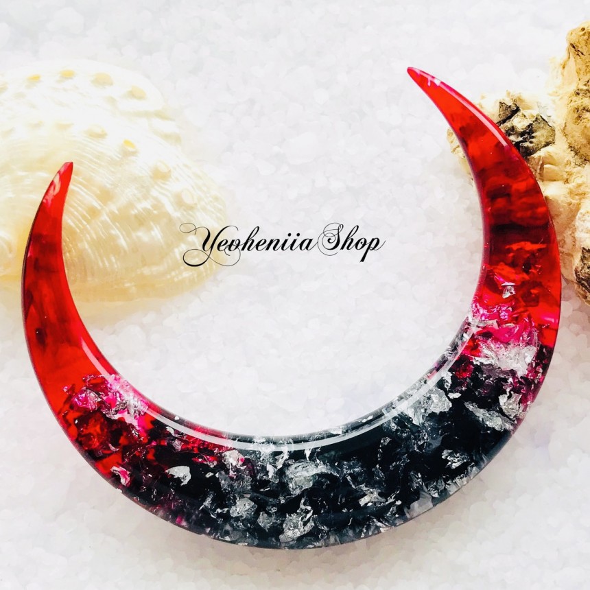 Red floral crescent hair stick