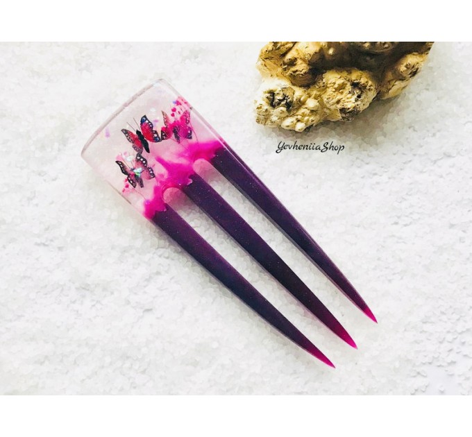 Purple resin hair fork with pink butterflies