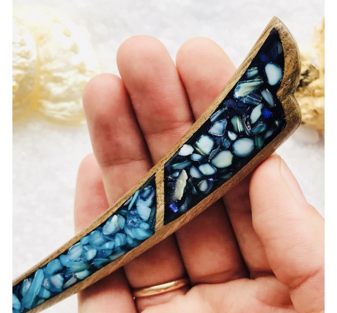 Wooden hair stick with blue stones