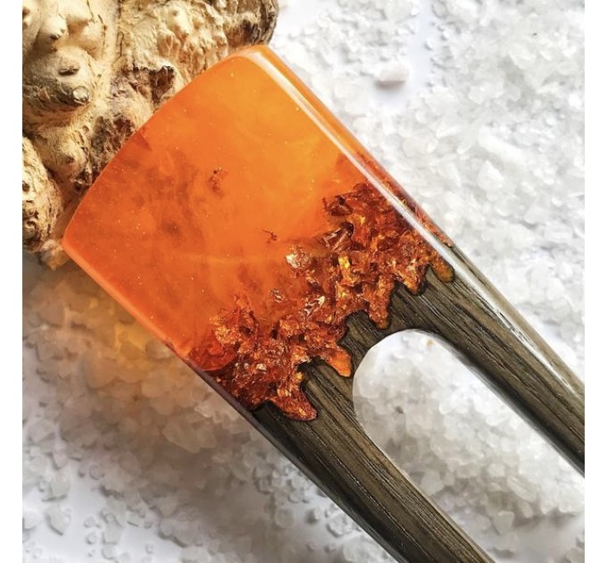 Hair fork with oak wood, orange resin topper and foil