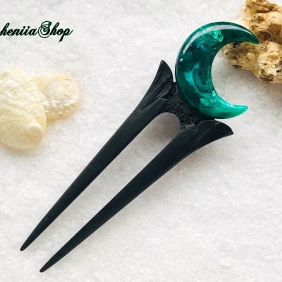 Crescent moon hair fork with black oak, green resin and silver foil 