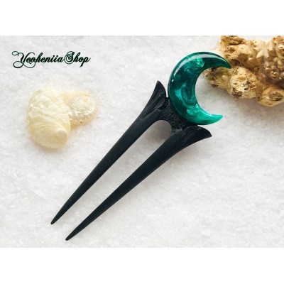 Crescent moon hair fork with black oak, green resin and silver foil 