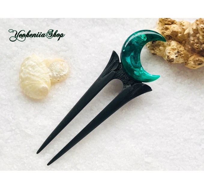 Crescent moon hair fork with black oak, green resin and silver foil, Forest Crescent