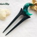 Crescent moon hair fork with black oak, green resin and silver foil, Forest Crescent