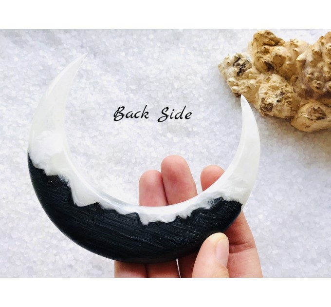 Crescent moon hair stick with black oak and white resin