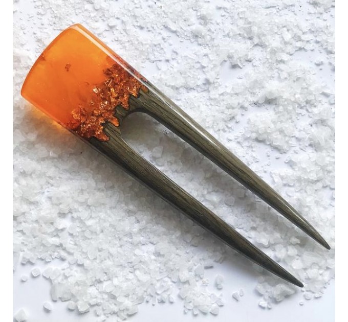 Hair fork with oak wood, orange resin topper and foil