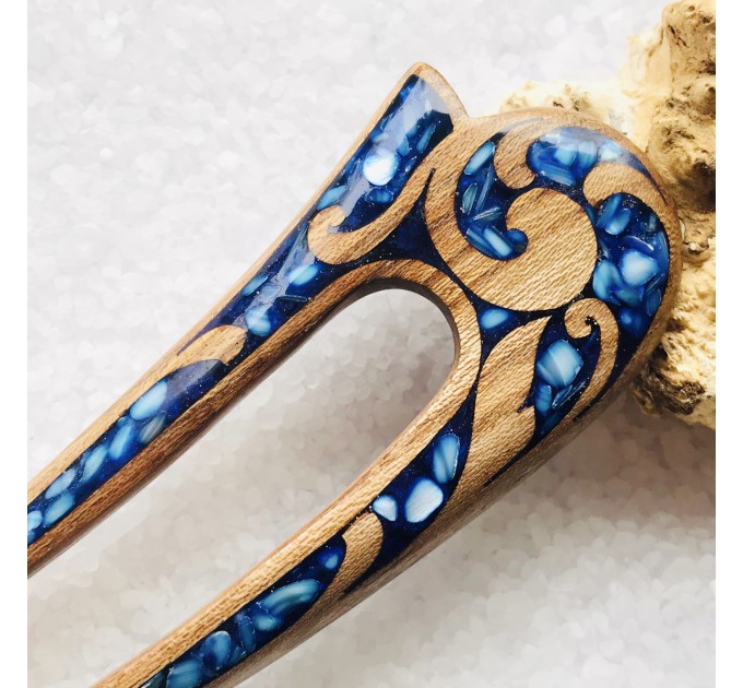 Wooden hair fork with blue stones