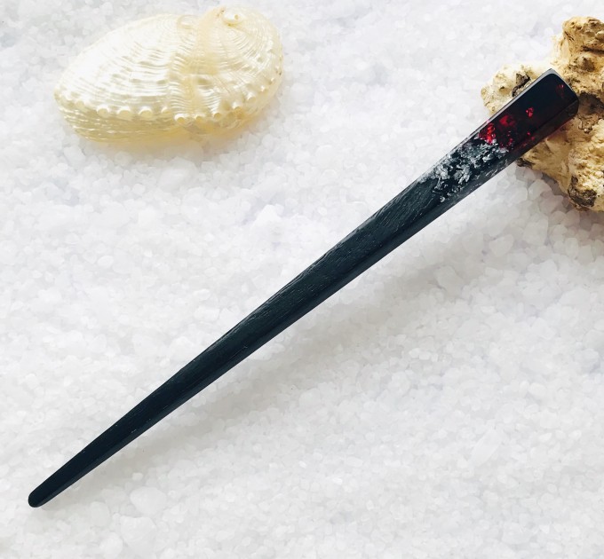 Hair stick, Wooden hair stick with dark red resin and silver foil