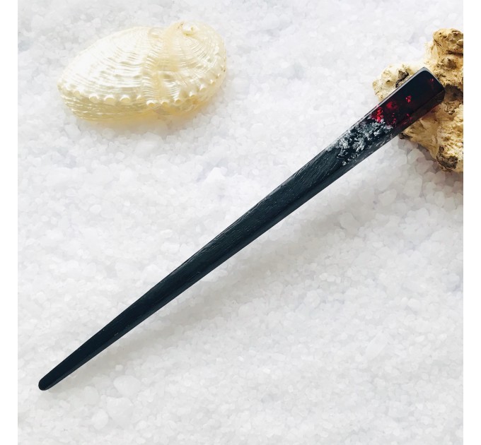 Hair stick, Wooden hair stick with dark red resin and silver foil