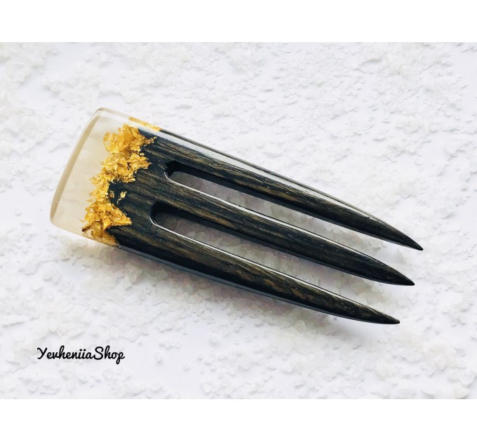 Wooden hair fork with black oak, resin topper and gold foil