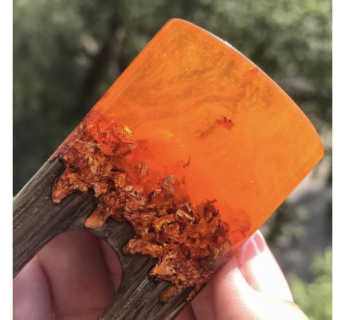 Hair fork with oak wood, orange resin topper and foil