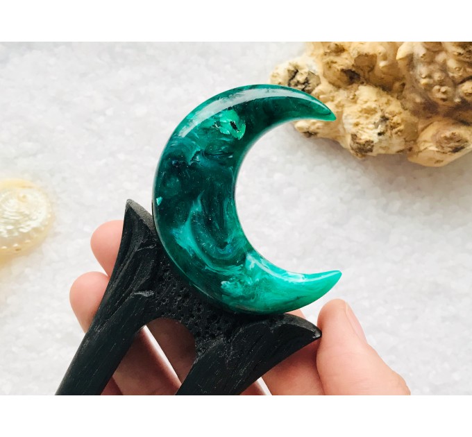 Crescent moon hair fork with black oak, green resin and silver foil, Forest Crescent