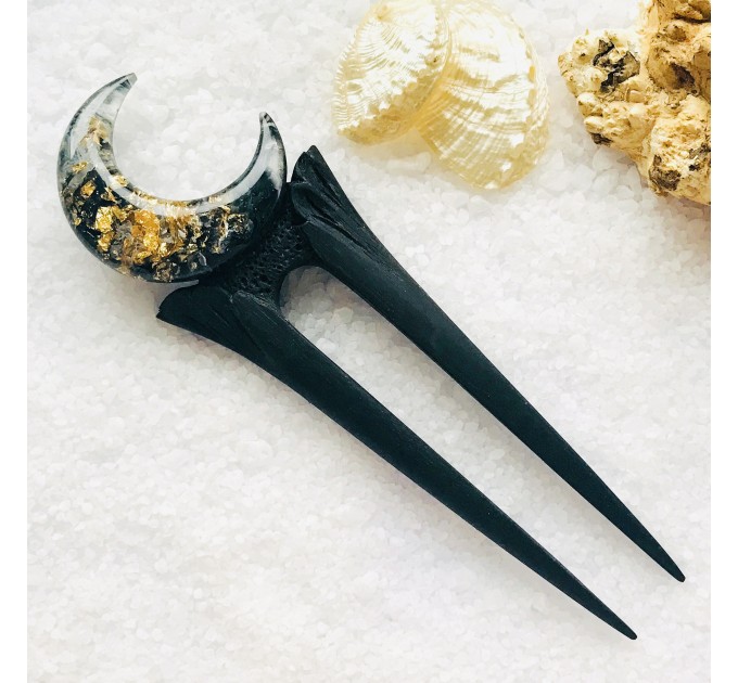 Hair fork with black oak, gold foil and black resin, Gothic hair stick