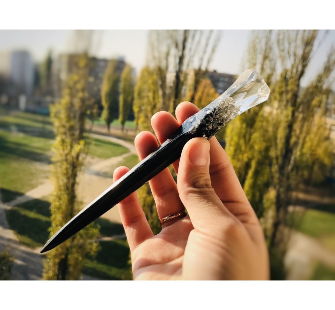 Wooden hair stick with black oak wood, clear resin and silver foil 