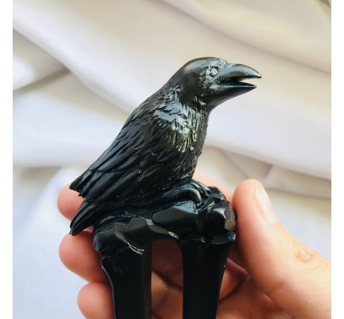 Carved wooden hair fork black raven, Hair stick crow, Gothic hair stick