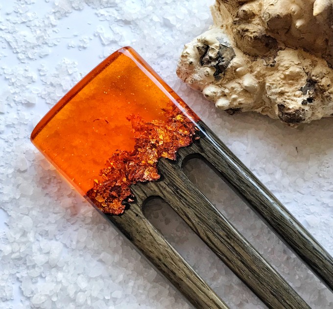 Hair fork with oak, orange resin topper and foil